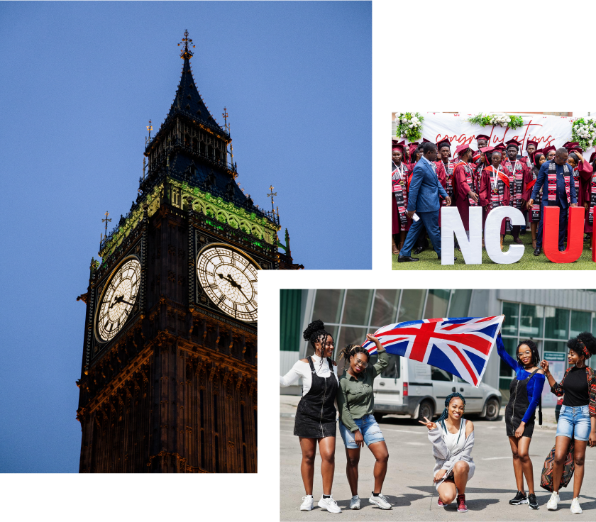 NCUK Accra collage: Big Ben, graduation celebration, and students with a Union Jack