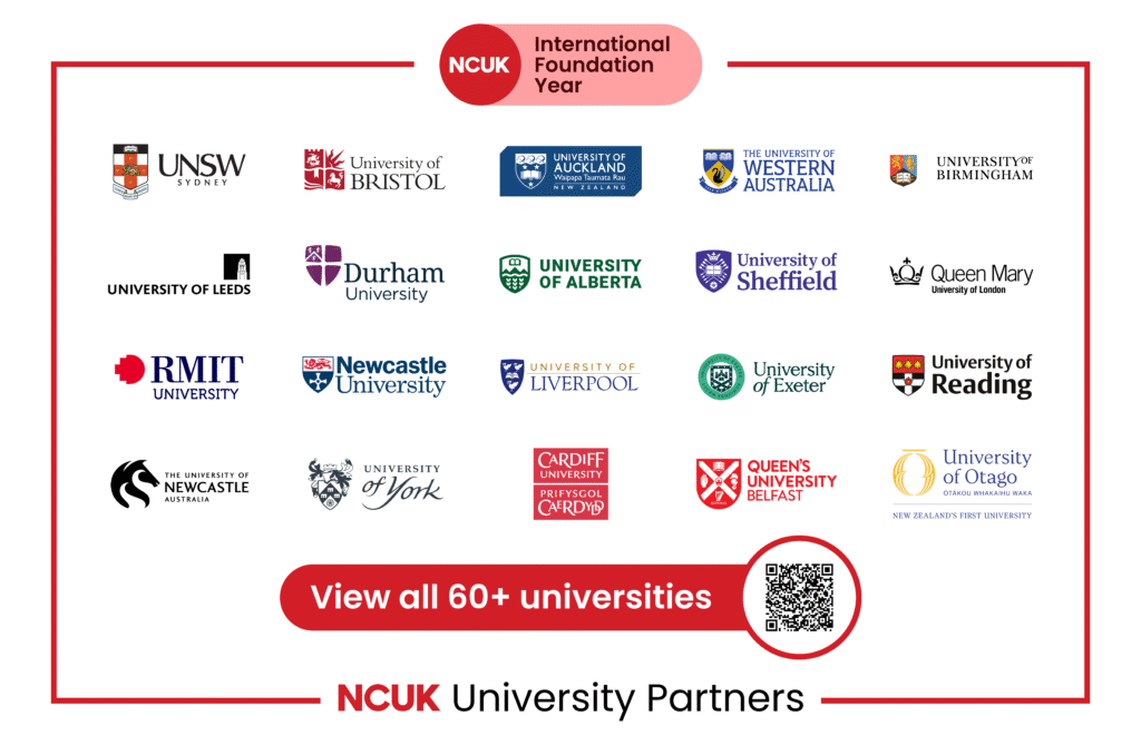 NCUK International Foundation Year university partner logos, view all 60+ universities